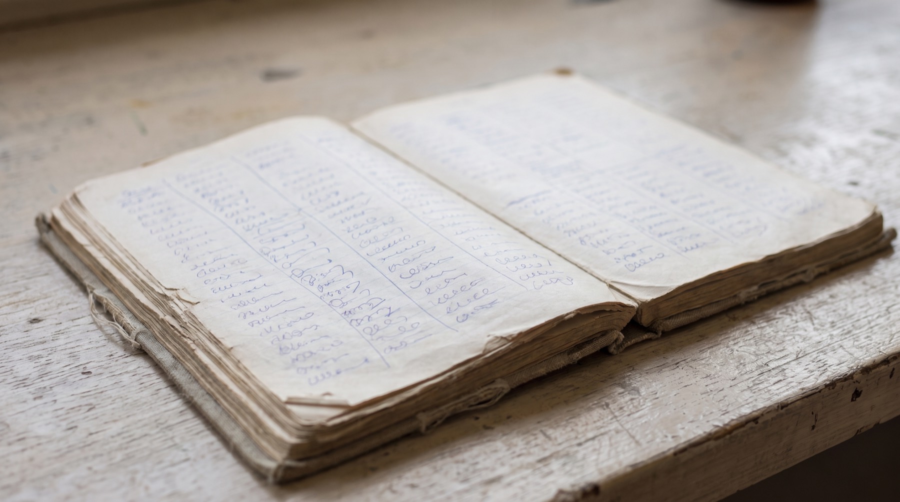 An open bound notebook on a bench, ruled into columns, filled in by hand in ink